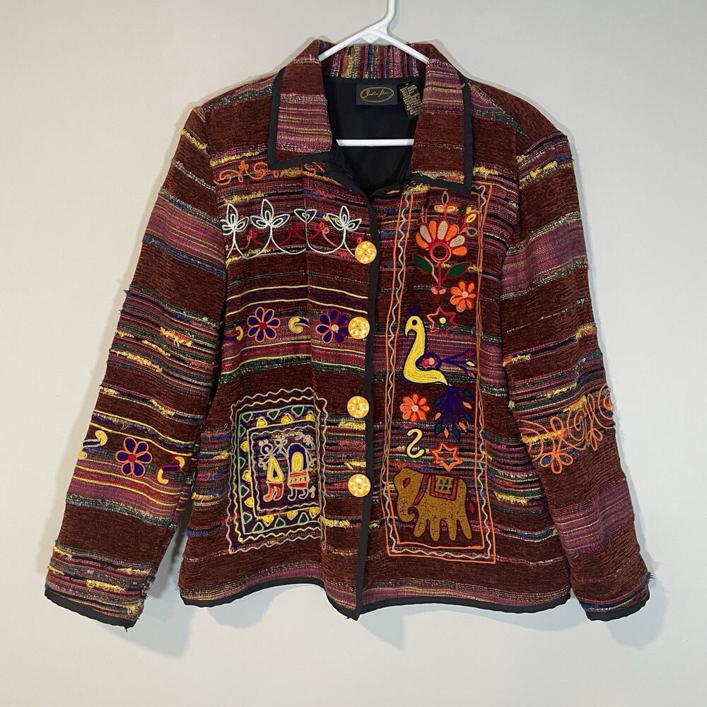 Vtg Julia Kim Patchwork‎ Embroidered Jacket L Colorful Art to Wear Silk Blend